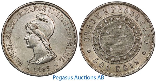 B05, Brazil, 500 Reis 1889, Silver, High Grade!