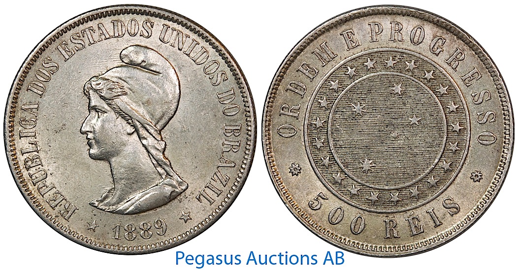 B05, Brazil, 500 Reis 1889, Silver, High Grade!