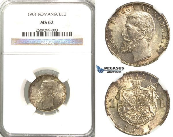 B44, Romania, Carol I, 1 Leu 1901, NGC MS62, RARE