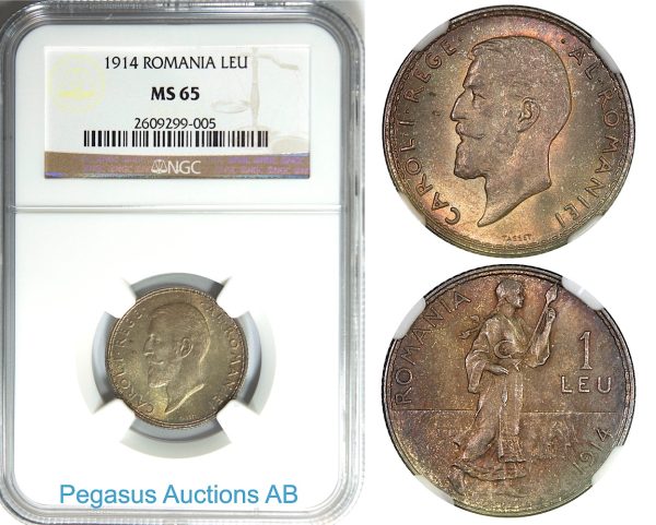 B46, Romania, Carol I, 1 Leu 1914, NGC MS65, Frosty!