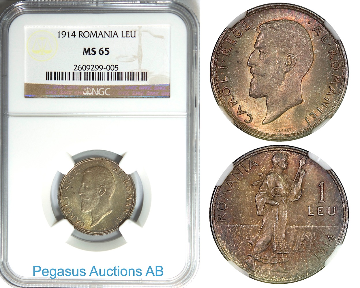 B46, Romania, Carol I, 1 Leu 1914, NGC MS65, Frosty!