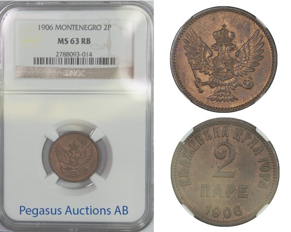 B66, Montenegro, Nicola I, 2 Pare 1906, NGC MS63RB