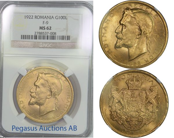 B76, Romania, Ferdinand, 100 Lei 1922, Gold, NGC MS62