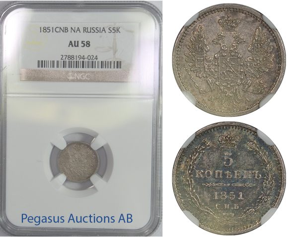 B78, Russia, Nicholas I, 5 Kopeks 1851-PA, Silver, NGC AU58