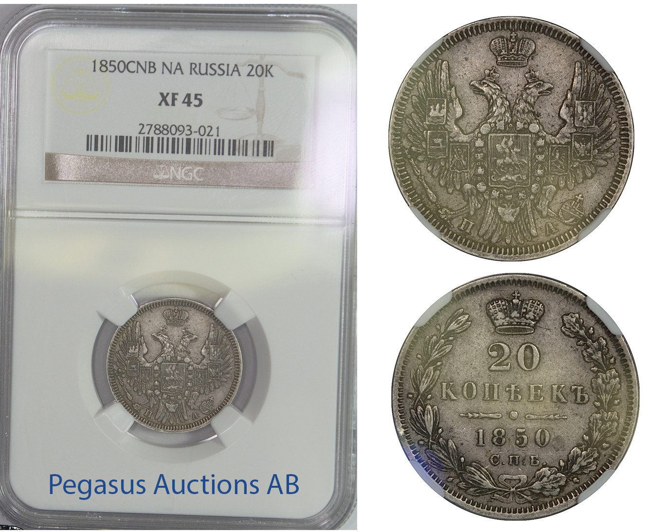 B79, Russia, Nicholas I, 20 Kopeks 1850-PA, Silver, NGC XF45