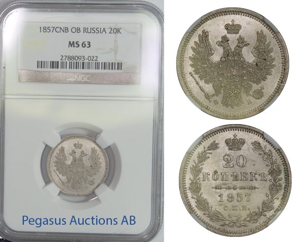 B80, Russia, Alexander II, 20 Kopeks 1857-FB, NGC MS63