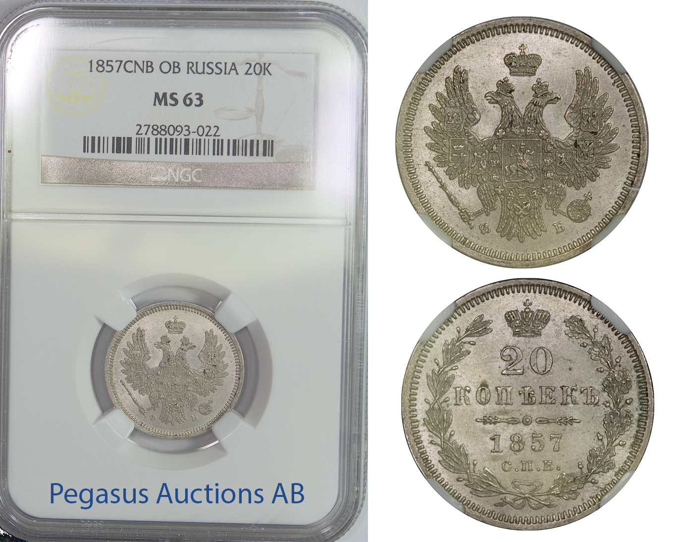 B80, Russia, Alexander II, 20 Kopeks 1857-FB, NGC MS63
