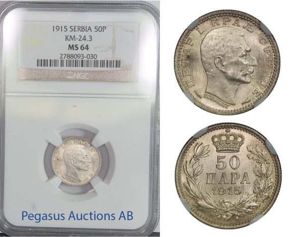 B88, Serbia, Petar I, 50 Para 1915, Silver, KM-24.3, NGC MS64
