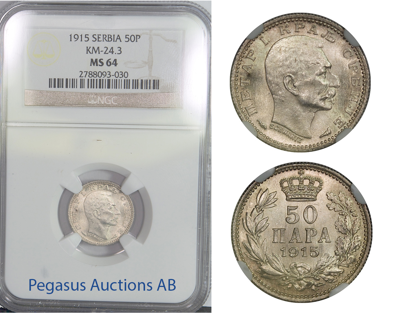 B88, Serbia, Petar I, 50 Para 1915, Silver, KM-24.3, NGC MS64