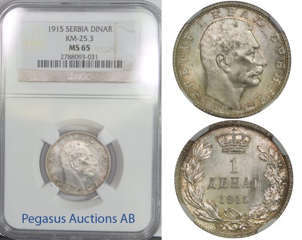 B89, Serbia, Petar I, Dinar 1915, Silver, KM-25.3, NGC MS65 Pop 1/2