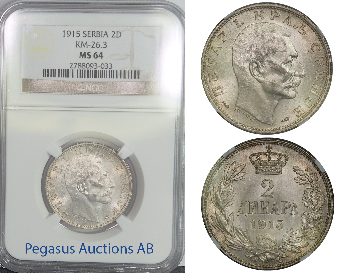 B90, Serbia, Petar I, 2 Dinara 1915, Silver, KM-26.3, NGC MS64
