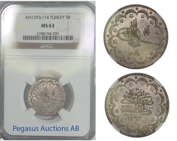 B91, Ottoman Empire/Turkey, Abdul Hamid II, 5 Kurush AH1293/14, NGC MS63