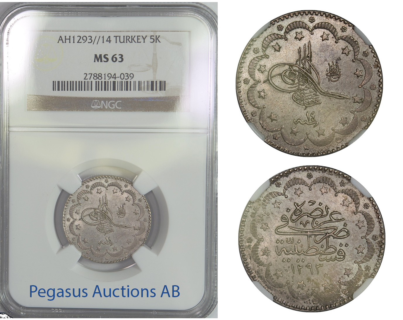 B91, Ottoman Empire/Turkey, Abdul Hamid II, 5 Kurush AH1293/14, NGC MS63