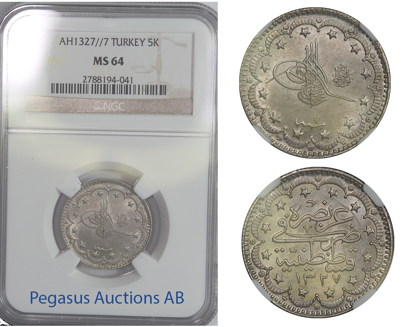 B93, Ottoman Empire/Turkey, Muhammad V, 5 Kurush AH1327/7, NGC MS64