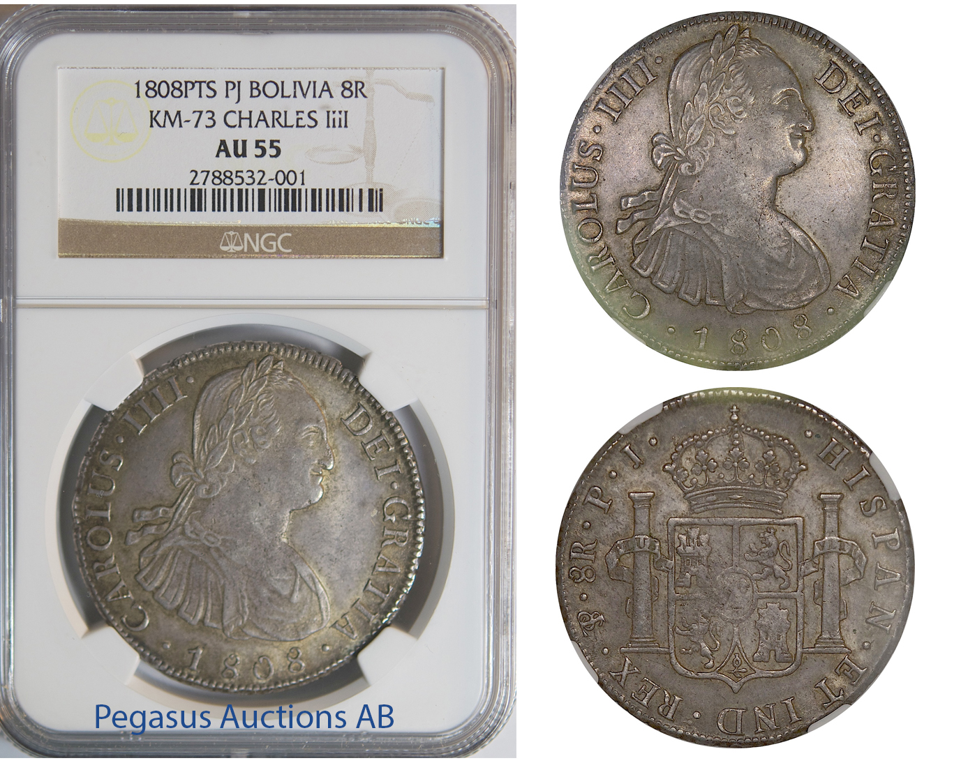 B98, Bolivia, Charles IV, 8 Reales 1808-PTS, Potosi, Silver, NGC AU55