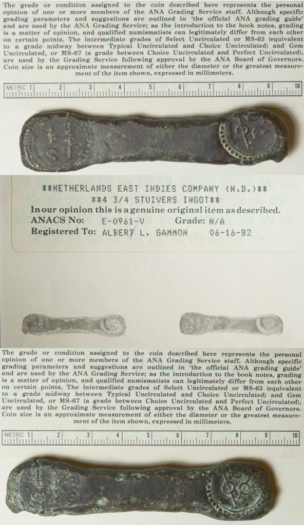 C02, Ceylon Dutch East India Company , AE 4 3/4 Stuiver, Bonk Bar ND (1785) COA from ANACS