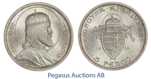 C14, Hungary, 5 Pengö 1938-BP (St. Stephen) Silver, Br. UNC