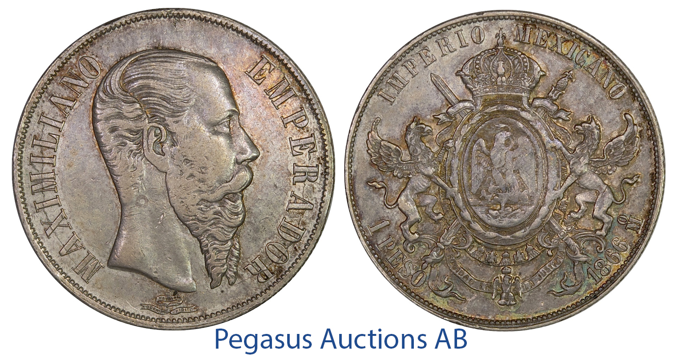 C20, Mexico, Maxilimian, Peso 1866-Mo, Beatiful toning!