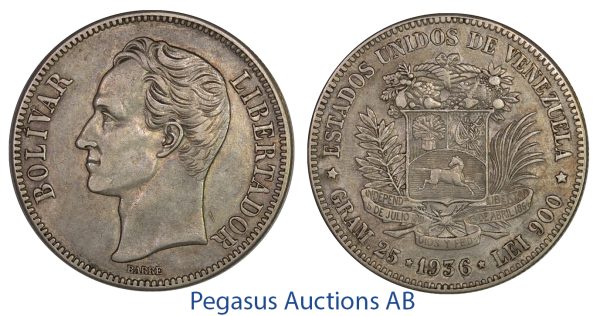 C21, Venezuela, 5 Bolivares 1936, Silver, Very nice with a great toning!
