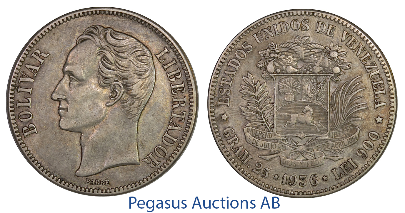 C21, Venezuela, 5 Bolivares 1936, Silver, Very nice with a great toning!