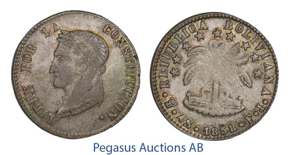 C23, Bolivia, 4 Soles 1858-PTS/FJ, Potosi, Silver, Rainbow toned High Grade!