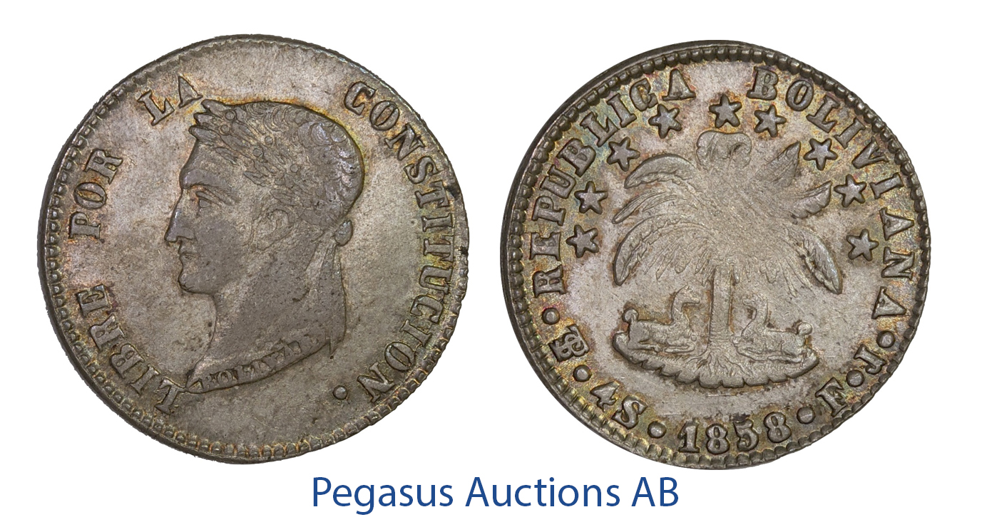 C23, Bolivia, 4 Soles 1858-PTS/FJ, Potosi, Silver, Rainbow toned High Grade!