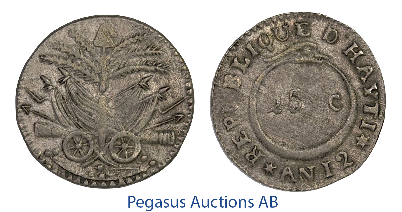 C25, Haiti Western Republic, 25 Centimes AN 12 (1815) Silver, Very Nice!