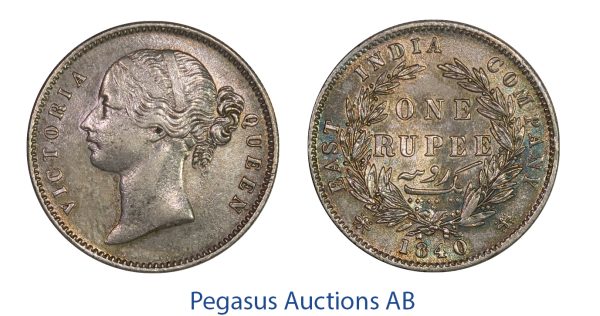 C32, India, British, Victoria, Rupee 1840, Calcutta, Silver, Toned High Grade!