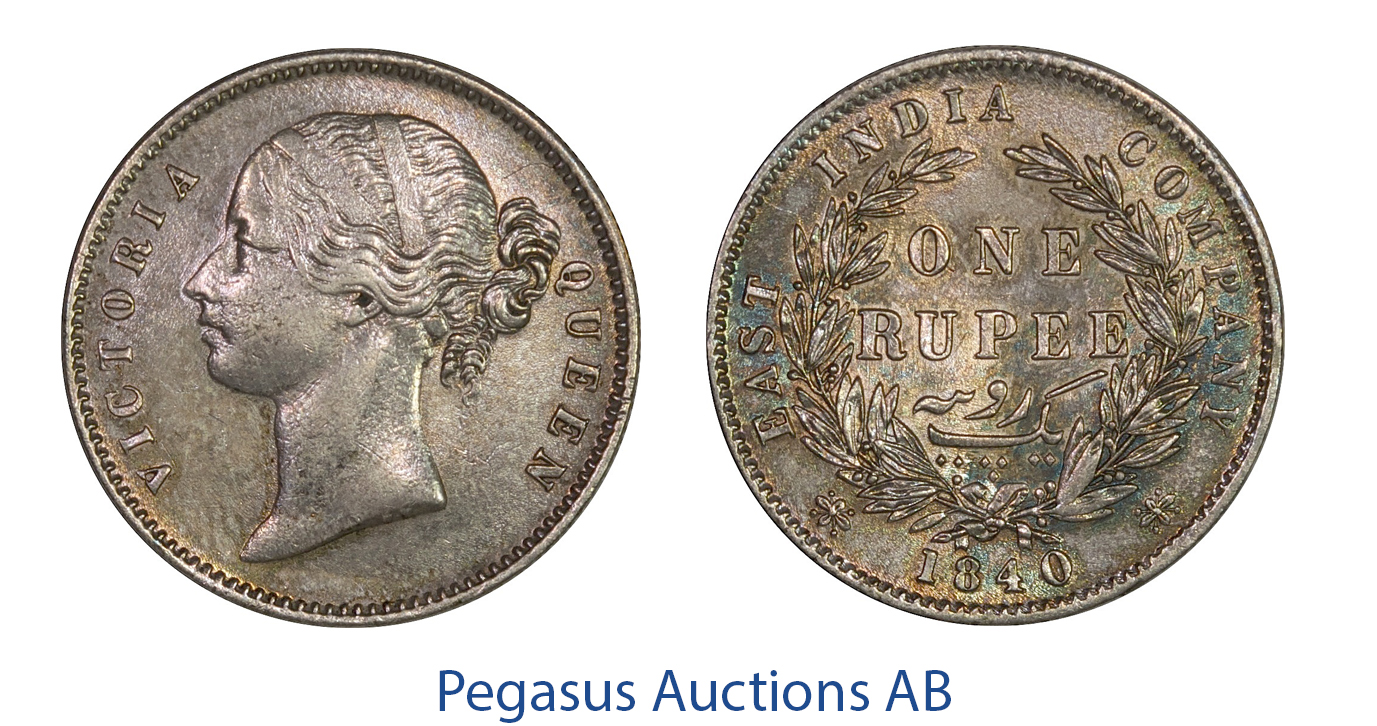 C32, India, British, Victoria, Rupee 1840, Calcutta, Silver, Toned High Grade!