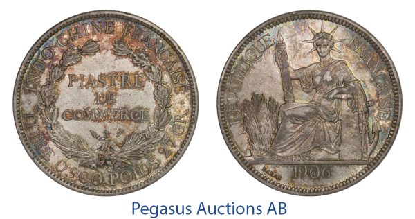 C34, French Indo-China (Vietnam) Piastre 1906-A, Paris, Silver, Toned High Grade!