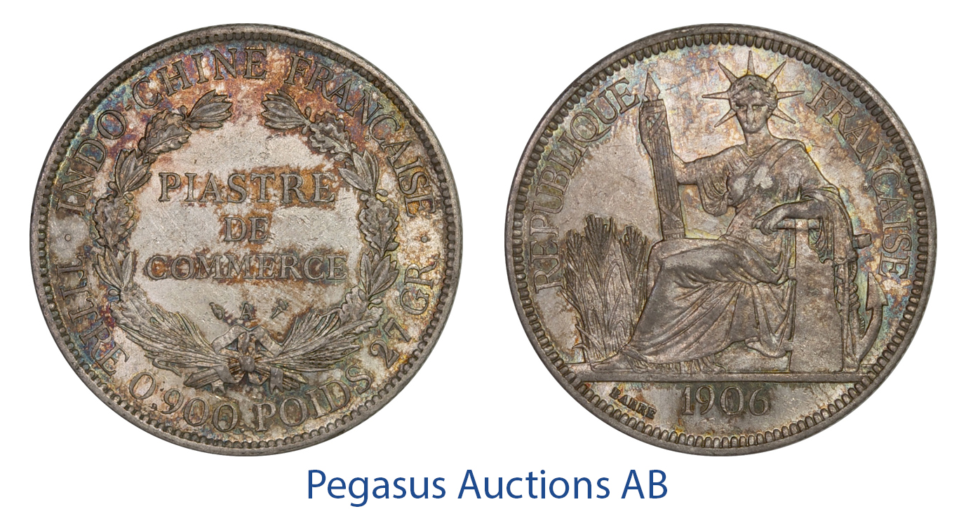 C34, French Indo-China (Vietnam) Piastre 1906-A, Paris, Silver, Toned High Grade!
