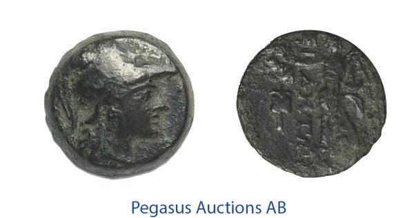 C48, Pamphylia, Side, Æ 15 (3.85g) Athena, Nike, Brown Patina