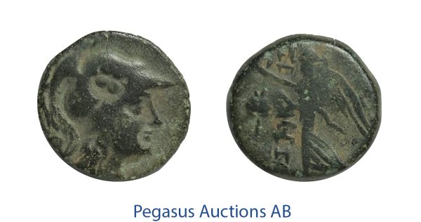C49, Pamphylia, Side, Æ 15 (2.57g) Athena, Nike, Brown Patina, Owl countermark