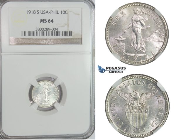 C88, Philippines (US Administration) 10 Centavos 1918-S, Silver, NGC MS64