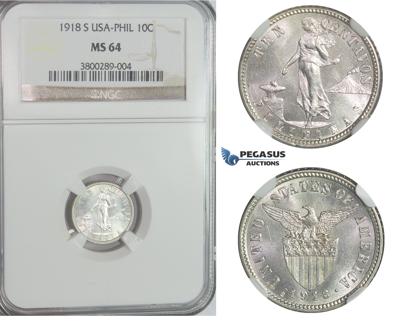 C88, Philippines (US Administration) 10 Centavos 1918-S, Silver, NGC MS64