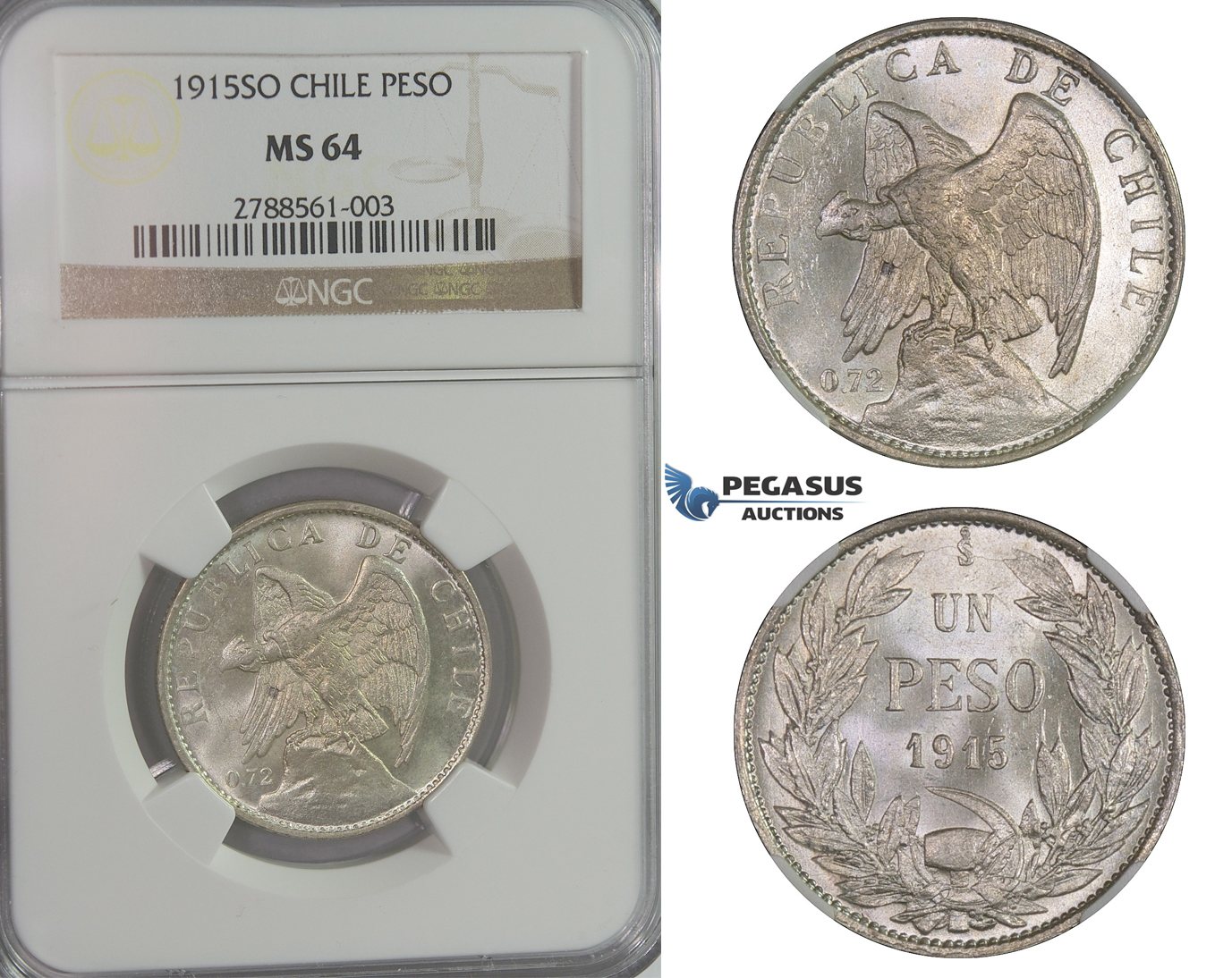 D01, Chile, Peso 1915-SO, Silver, NGC MS64
