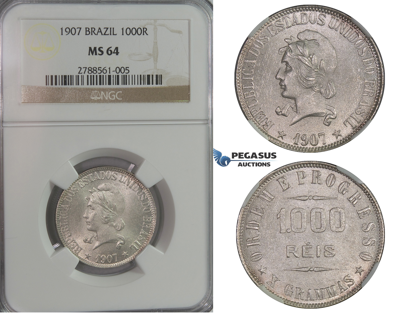 D03, Brazil, 1000 Reis 1907, Silver, NGC MS64 (Pop 1/2)