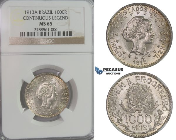 D04, Brazil, 1000 Reis 1913-A (Continous Legend) NGC MS65 (Pop 1/4)