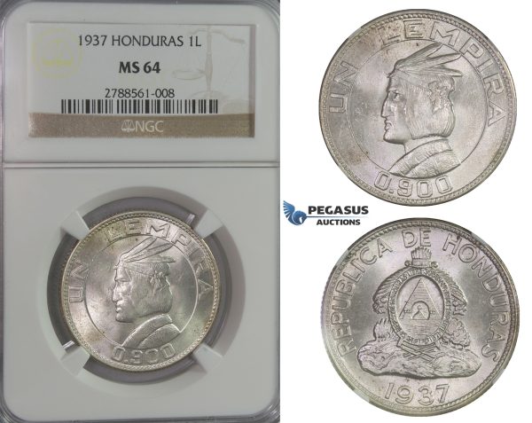 D06, Honduras, Lempira 1937, Silver, NGC MS64 (Pop 1/2)