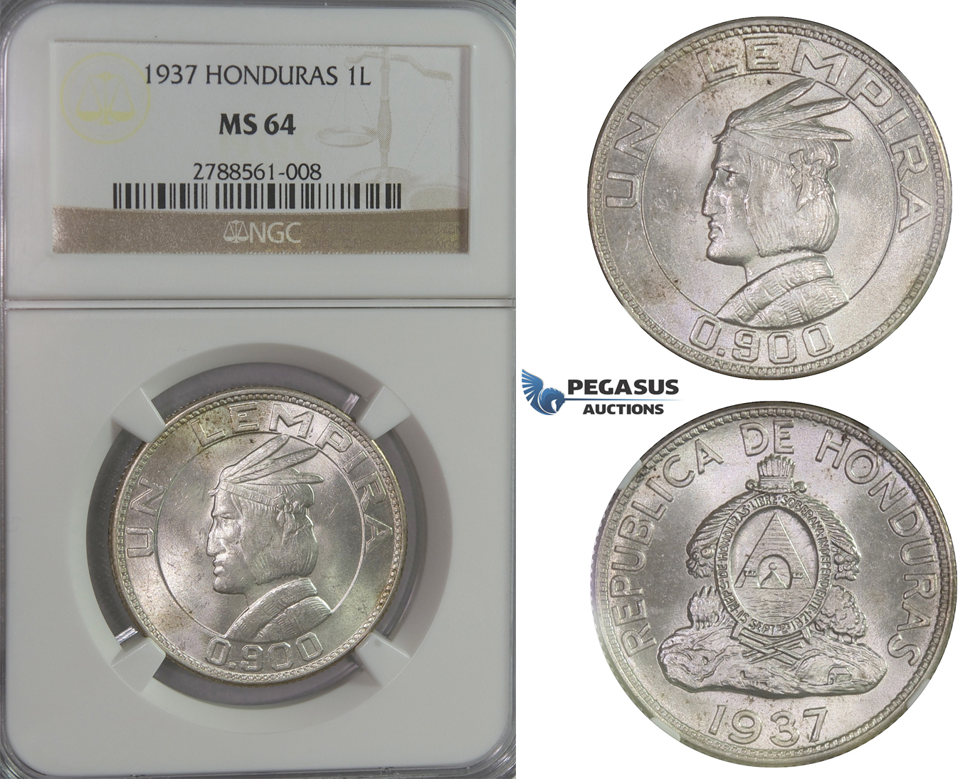 D06, Honduras, Lempira 1937, Silver, NGC MS64 (Pop 1/2)