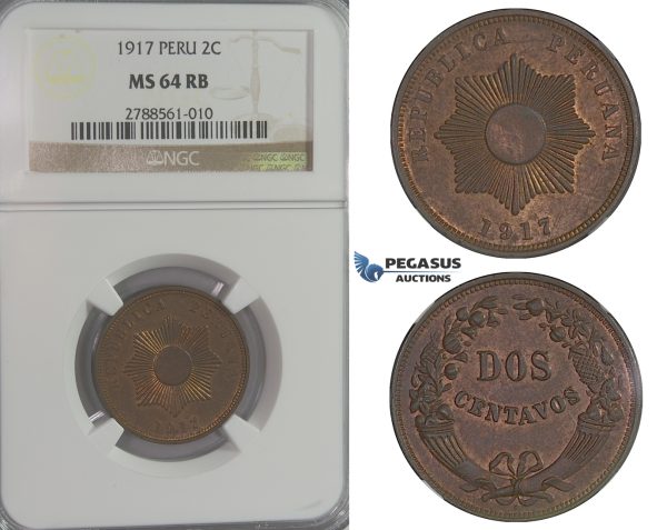 D08, Peru, 2 Centavos 1917, NGC MS64RB (Pop 1)
