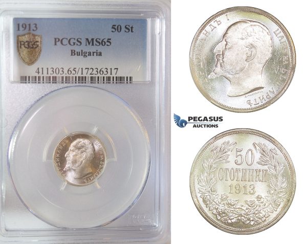 D11, Bulgaria, Ferdinand I, 50 Stotinki 1913, Silver, PCGS MS65