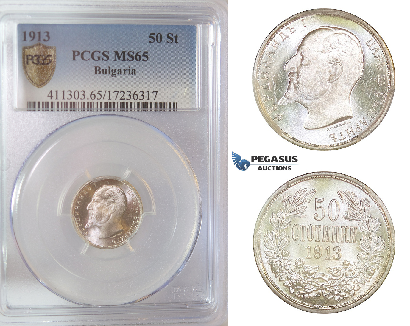 D11, Bulgaria, Ferdinand I, 50 Stotinki 1913, Silver, PCGS MS65