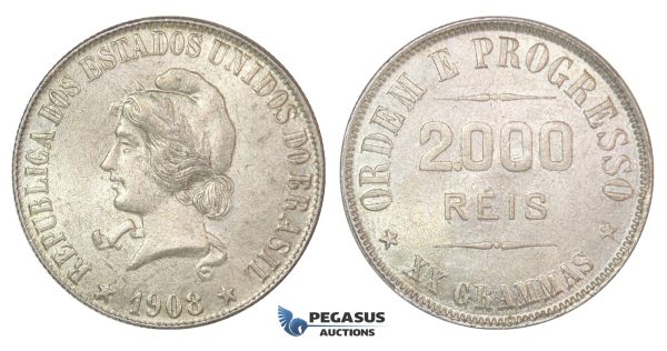 D12, Brazil, 2000 Reis 1908, Silver, Mint State (Hairline scratch under neck)