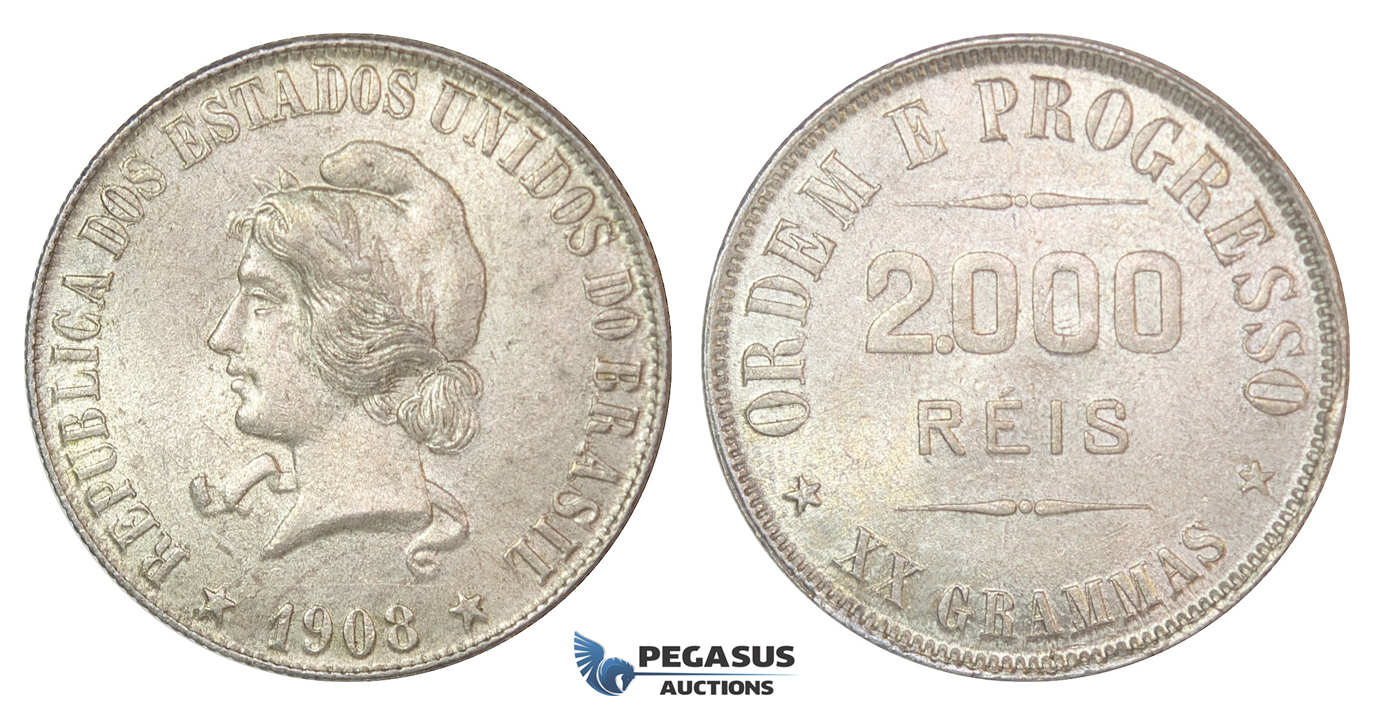 D12, Brazil, 2000 Reis 1908, Silver, Mint State (Hairline scratch under neck)