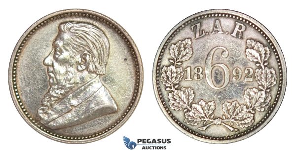 D14, South Africa (ZAR) 6 Pence (Sixpence) 1892, Silver, High Grade, minor cleaning!