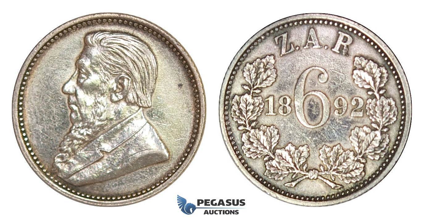 D14, South Africa (ZAR) 6 Pence (Sixpence) 1892, Silver, High Grade, minor cleaning!
