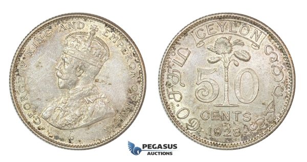 D15, Sri Lanka (Ceylon) George V, 50 Cents 1928, Silver, High Grade!