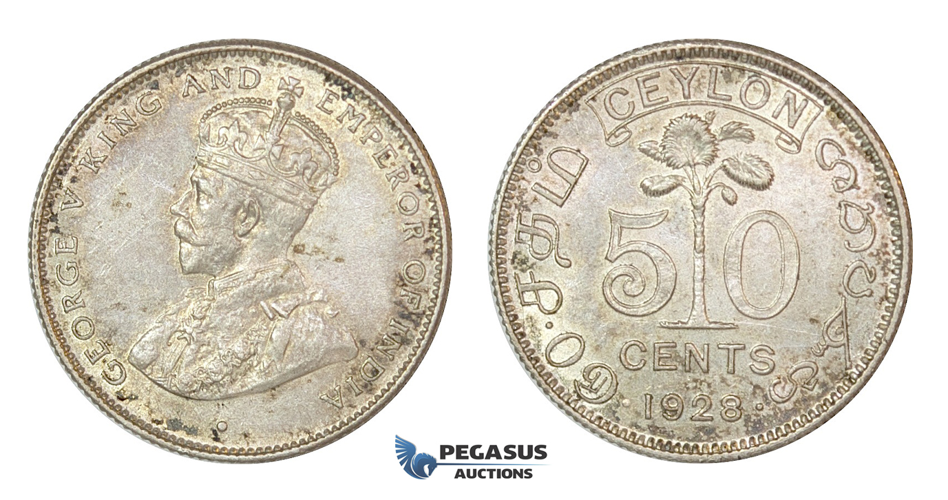 D15, Sri Lanka (Ceylon) George V, 50 Cents 1928, Silver, High Grade!