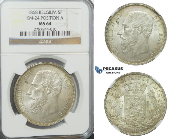D17, Belgium, Leopold II, 5 Francs 1868 (Pos. A) Silver, NGC MS64